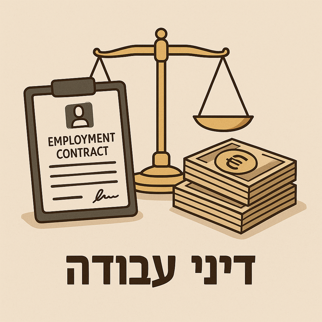 איור הכולל מאזניים, חוזה העסקה ולצדם שטרות כסף