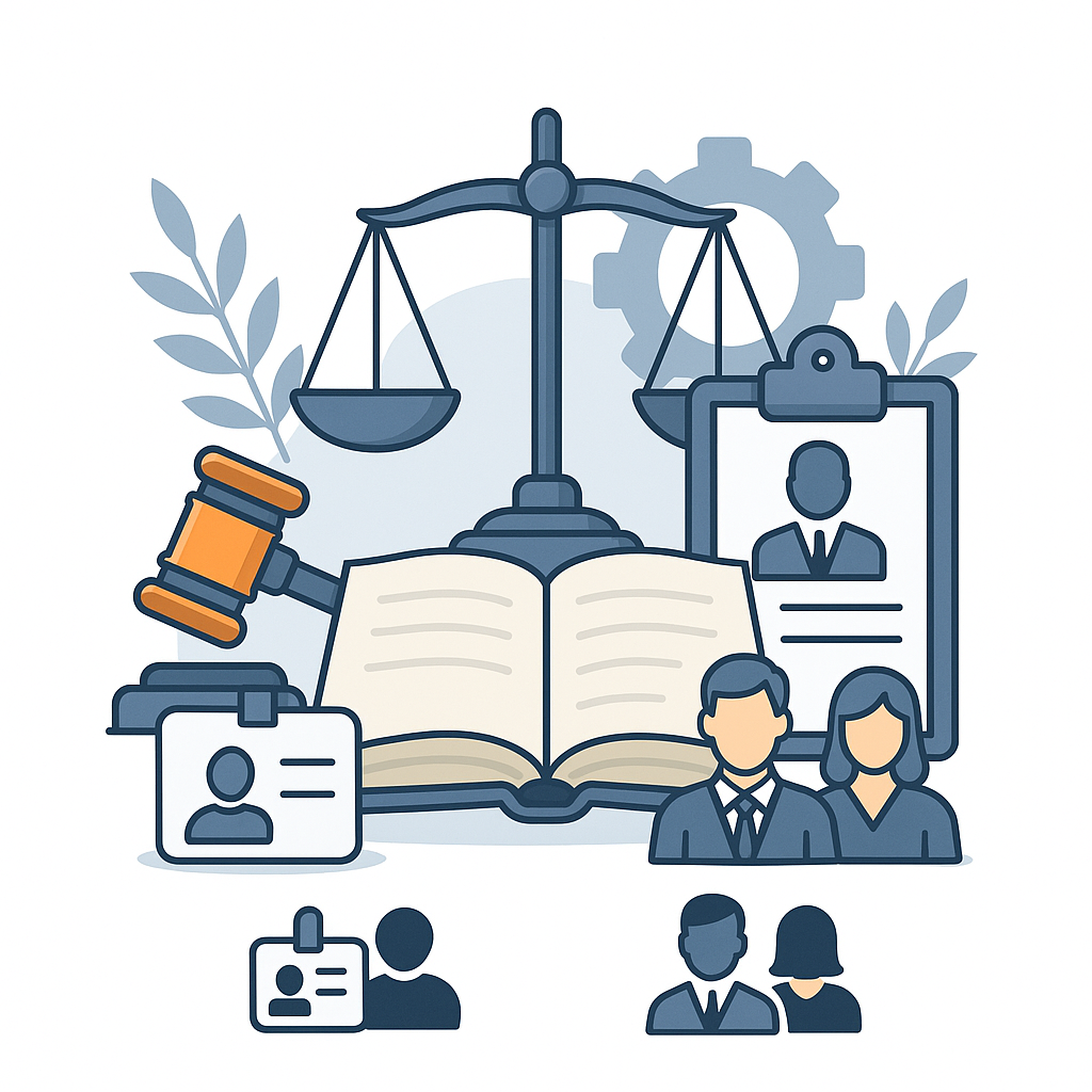 תמונה המתארת תהליכי עבודה, ספר חוקים, עובדים ומעסיקים המאזנת בין זכויות סוציאליות לבין חובות הצדדים ליחסי העבודה